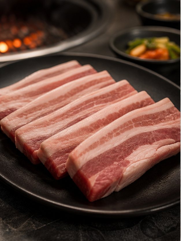 검은 접시에 담긴 숙성 통삼겹