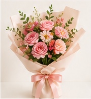분홍색과 코랄색 꽃으로 만든 생일 꽃다발
